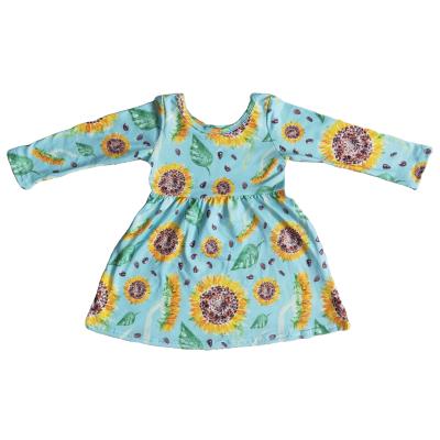 China RTS Washable Cute Baby Girl Blue Sunflowers Sashes Long Pirouette Dress Spring Fashion Babies Dresses Designs Little Girls Dresses for sale