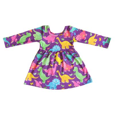 China Washable Cute Purple Dinosaur RTS Baby Girl Long Sleeve Casual Dress Spring Fashion Babies Dresses Designs Little Girls Dresses for sale