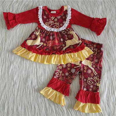 China Eco-friendly Exquisite Christmas Elk Gift Excellent Quality Exquisite Elk Edge Outfit Kids Clothing Boutique Girl Clothes Costume Baby Red Gold Outfit for sale