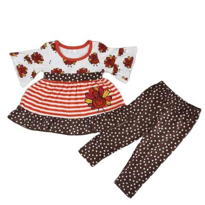 China Breathble Comfortable Thanksgiving Sleeve Turkey Top Brown Medium Pants Set Pastoral Soft Autumn Young Girl Clothes Set Girl's Set for sale