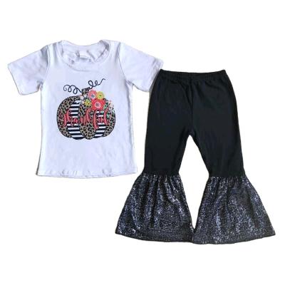 China Breathble Cozy Thanksgiving Turkey Bell-bottom Cozy Kids Girls Teenagers Young Girl Sequin Pants Clothing Set Fall Costume for sale