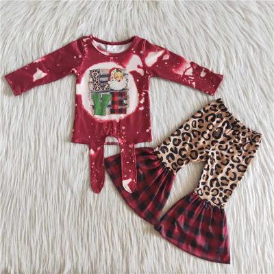 China Eco-Friendly Santa Claus Pattern Long Sleeve Leopard Black Red Plaid Flared Pants Babies Kids Criss Cross Outfit for sale