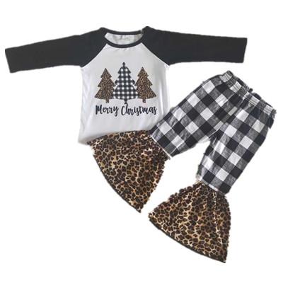 China Eco-friendly equipment of the wear of long sleeve raglan sleeve classic black pattern pine plaid pants leopard bell leg babies bottoms for sale