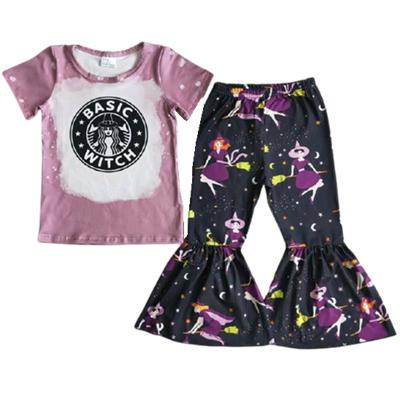 China Eco-Friendly Light Purple Short Sleeve Top Bell Bottom Pants Clothing Sets Baby Toddler Clothes Girl Summer Fall Spring 1-16 Years Outfits for sale