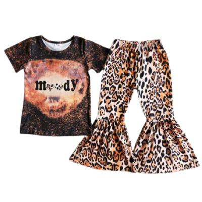 China 2021 Eco-Friendly Baby Toddler Clothes Girl Short Sleeve Leopard Bell Bottom Top Pants Clothing Sets Summer Autumn Spring 1-16 Years Outfits for sale