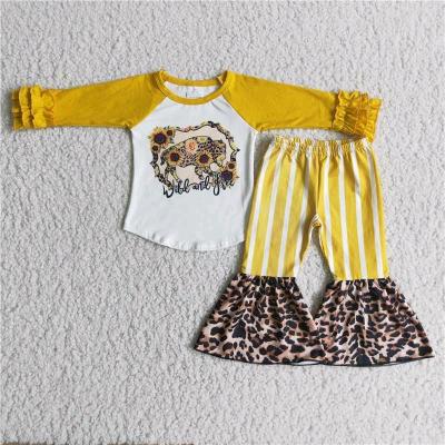 China Casual Long Sleeves Matching Leopard Bell Bottom Wholesale RTS Outfits NO MOQ Girls Kids Clothes Kids Clothing for sale