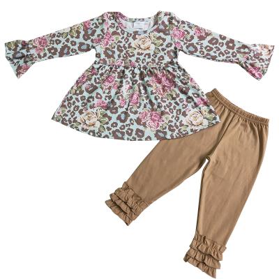 China Kid Formal Wear Outfits Shirt With Flowers Coffee Leopard Print Pants Baby Two Piece Set No MOQ Wholesale for sale