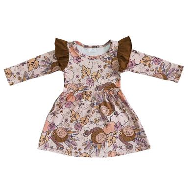 China Wholesale plus size baby girl dress with turkey leaf design coffee lace girl long sleeve dress boutique dress for kids girl for sale