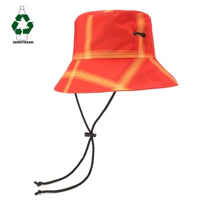 China Adjustable String Recycled Polyester Bucket Hat Rpet Plastic Canvas All Over Printed Bob Hat With Adjustable String Holder For Reusing Custom Hat for sale