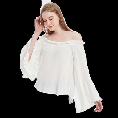 China Loose fitting anti-pilling off-the-shoulder blouse for girls with big bell flared sleeves white rayon women soft blouse with ruffles for sale