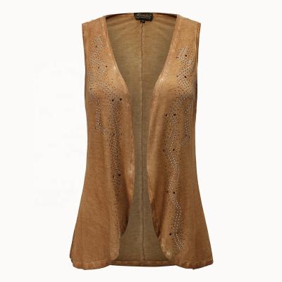 China Anti-pilling women dip dyed rayon stealth knit vest beaded doe skin color washed conceal waist length knit duster with heavy rhinestones for sale