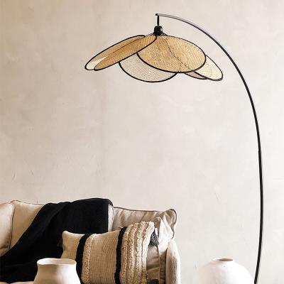 China Post-modern Japanese style petal simple handwoven lampshade fishing lamp brown wrought iron base warm bedroom living room floor lamp for sale