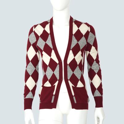 China Anti-Wrinkle 90% Wool 10% Cashmere Diamond Pattern V-Neck Men's Cropped Cardigan for sale