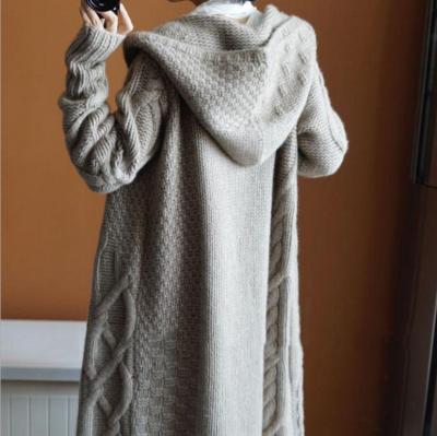 China 2022 Large Size Loose Anti-wrinkle Autumn Winter Hooded Thick Knit Long Cardigan Sweater Coat For Women Lady for sale