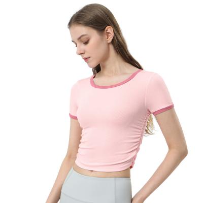 China Wholesale Fashion Breathable Color Crewneck Short Sleeve Hit Short T-Shirts Sports Gym Yoga Ladies Slim Fit Crop Tops for sale