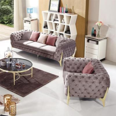 China Modern Design Velvet Fabric Classic Italy Button Adorning Gray Color Chesterfield Sofa Luxury Living Home Sofa for sale