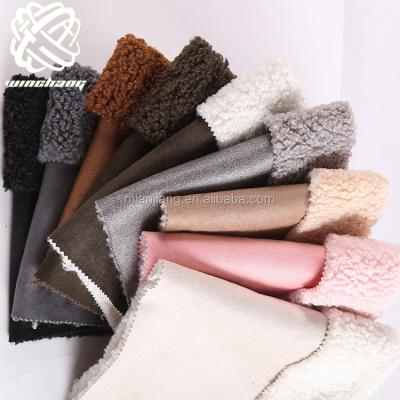 China 2021 Hot Selling Auto Upholstery Suede Bonded Sherpa Sheep Fur Fabric Faux Fur Lamb Curly Faux Fur For Coat Shoe Bag for sale