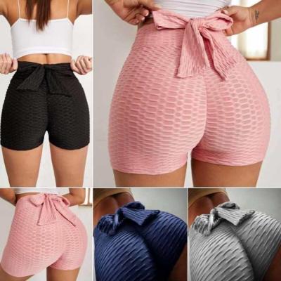 China 2021 Women's Solid Color Bubble Breathable Yoga Tight Shorts Cuffs Shorts With Bow Pants Bow Sexy Women's Shorts for sale