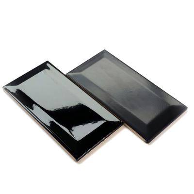 China Black Beveled Glossy Bathroom Wall Tiles 75X150mm / 3X6 Inches for sale