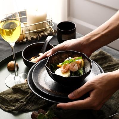 China Sustainable 7 Pieces Stoneware Dinnerware Sets Porcelain Spoon Soup Plate And Bowl Set Ceramic Dinner Dishes Black for sale