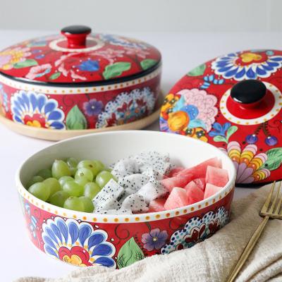 China Sustainable Hand Painted Floral Ceramic Serving Dish With Lid Ceramic Snack Bowls Fruit Salad Bowl for sale