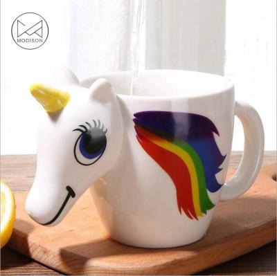 China 3D Rainbow Unicorn Cup Color Changing Temperature Control Ceramic Creative Animal Magic Coffee Mug for sale