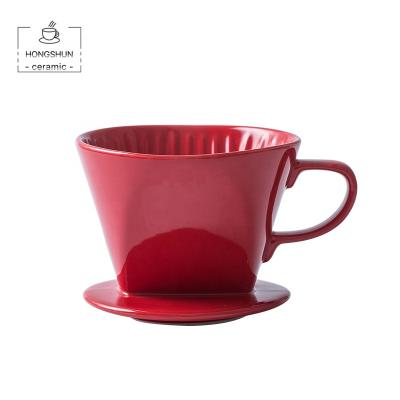 China New Style Sustainable Ceramic Red Drip Coffee Filter Cup Reusable Permanent Pour Over Coffee Maker With Separate Holder for sale