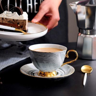 China Sustainable Wholesale 300ml Porcelain Ceramic Coffee Mug Set Cappuccino Marble Pattern Customized for sale