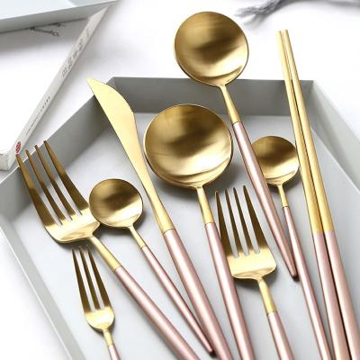 China Reusable Stainless Steel Rose Gold Travel Cutlery Knife Spoon Fork Reusable Utensils Set for sale