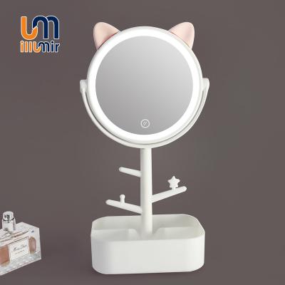 China New Design Lighted Mini Led Mirror Multifunctional Cosmetic With Tray Led Rotatable Travel Makeup Mirror With Light for sale