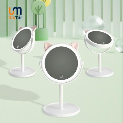 China Led Lighted Cat Ear Makeup Mirror Touch Sensor Desktop Shine Adjustable with USB Charger and Organizer Stand for sale