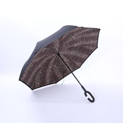 China Leopard Print Manual Open Double Layer Inverted Reverse Open Umbrella With Hook Handle for sale