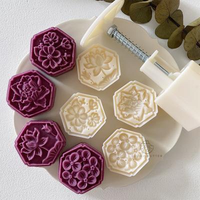 China 50g Viable Cantonese Molds Lotus Ice Crust Moon Flower Cake Molds 4 Pieces Hydrangea Peony Camellia Mung Cake Hexagon Beans for sale