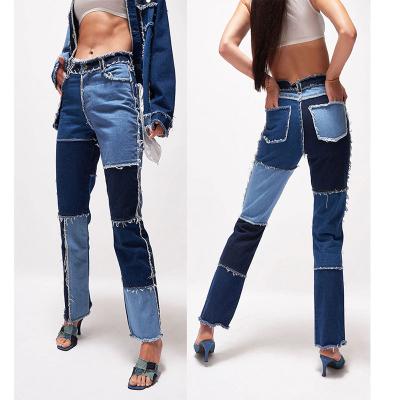 China Color Fade Proof 2020 wholesale women stretch highwaist denim straight leg patchwork jeans for sale