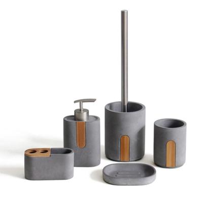 China 5 Pcs Sustainable Concrete / Ceramic Bathroom Accessories Set With Bamboo Wood Decor for sale