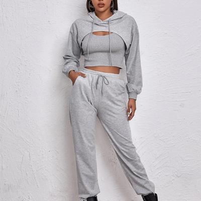 China Anti-Wrinkle Bodycon Vest Loose Pants 3 Piece Yoga Set With Hood Sweatsuit Tracksuit Long Sleeves Jacket Pullover Hoodie 3 Piece Set for sale