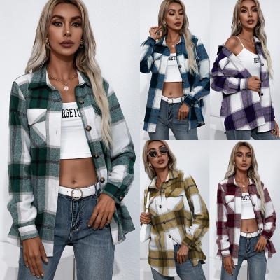 China Anti-pilling autumn clothes 2021 long sleeve women's flannel shirt green plaid touch shirt coat with pocket for sale