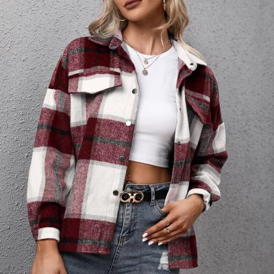 China Anti-Pilling Women Fall Clothes One Button Front Chest Pocket Flannel Shirt Long Sleeve Burgundy Boyfriend Plaid Shirt for sale