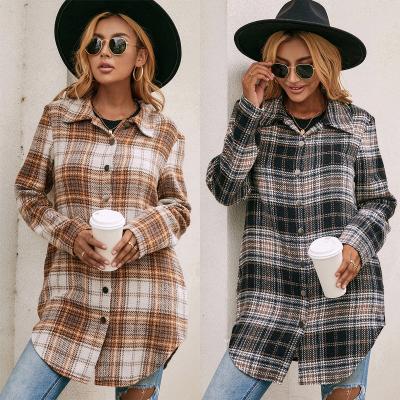 China Autumn Spring Fashion Loose Casual 2021 Khaki Black Anti-pilling Shirts for Women Plaid Sleeve Button Long Up Shirt Collared Tops and Blouse for sale