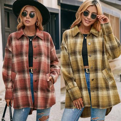 China 2021 Autumn Spring Hot New Red Yellow Plaid Shirt Women's Casual Anti-pilling Sleeve Button Long Front Boyfriend Plaid Shirt for sale