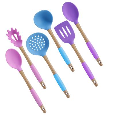 China Viable Wholesale 6 Pcs Colorful Silicone Cooking Cookware Tools Kitchen Instruments Set With Tpr Wooden Handle for sale