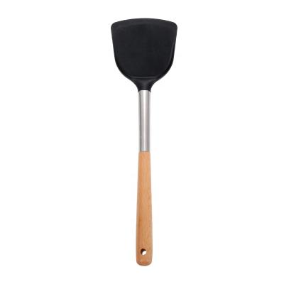 China Sustainable Hot Sale Wooden Handle Stainless Steel Heat Resistant Non-Stick Silicone Turner Solid Spatula for sale