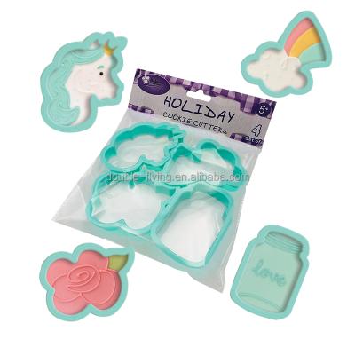 China 4 PCS Sustainable Plastic Holiday Unicorn Head Biscuit Fondant Pastry Cutter Mold And Cookie Cutters for sale