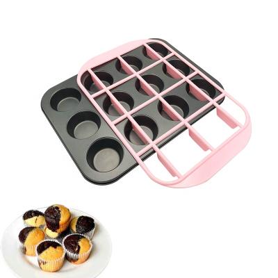 China Non Viable Cupcake Pan With Plastic Cupcake Divider Stick Carbon Steel Cupcake Half Half Pan Tools Set For Cake Decorating Cupcake for sale