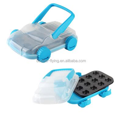 China 12 Viable Mini Cupcake Pan With Car Shaped Plastic Container Carrier For Kids Cake Baking Carrier DIY for sale