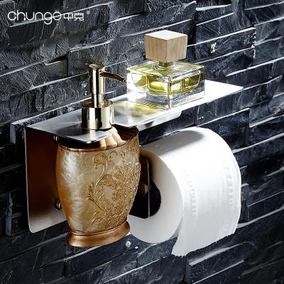 China Modern Wall Mount Stainless Steel Hand Sanitizer Liquid Soap Dispenser Holder With Toilet Paper Phone Shelf for sale