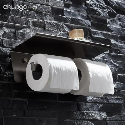 China Bathroom Accessories Stainless Steel Roll Anti-rust Swivel Double Toilet Paper Holder With Phone Shelf for sale