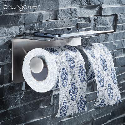 China Stainless Steel Rustproof Toilet Accessories Bathroom Double Roll Toilet Paper Holder With Phone Shelf for sale