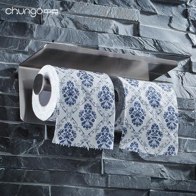 China Stainless Steel Rustproof Toilet Accessories Bathroom Double Roll Toilet Paper Holder With Phone Shelf for sale