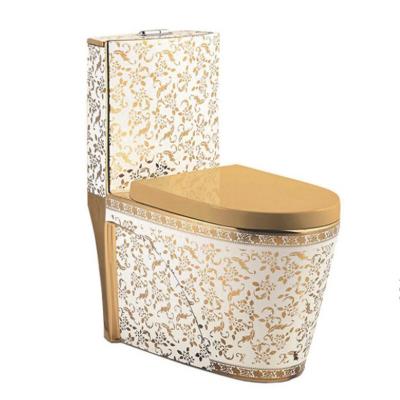 China Double-flow Design Royal Luxury One-piece Toilet Bathroom Decorative Gold White Gold Toilet for sale